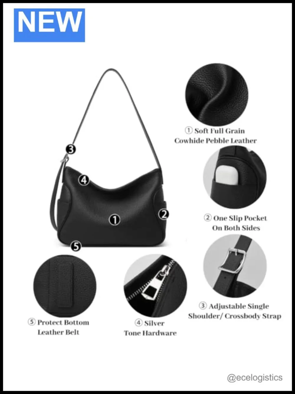 Genuine Leather Hobo Purse for Women, Soft Top Grained Shoulder Tote Bag with
